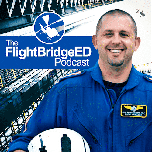 Man in a blue flight suit smiles holding a helmet in front of a "The FlightBridgeED Podcast" graphic with a helicopter emblem.