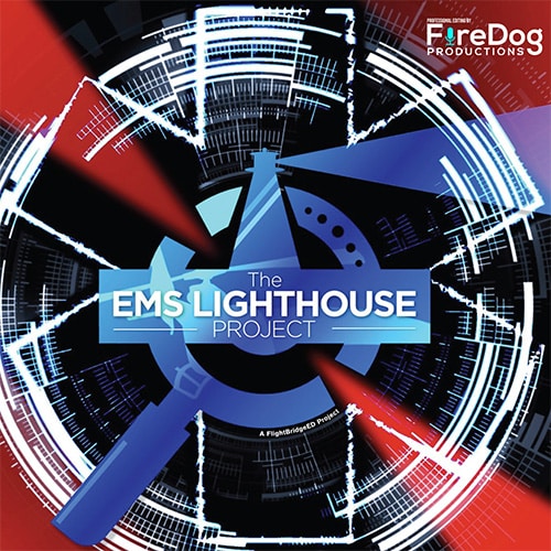 Circular abstract graphic design with text "The EMS Lighthouse Project" and "FireDog Productions" logo. Red and blue segments with radiating lines and shapes.