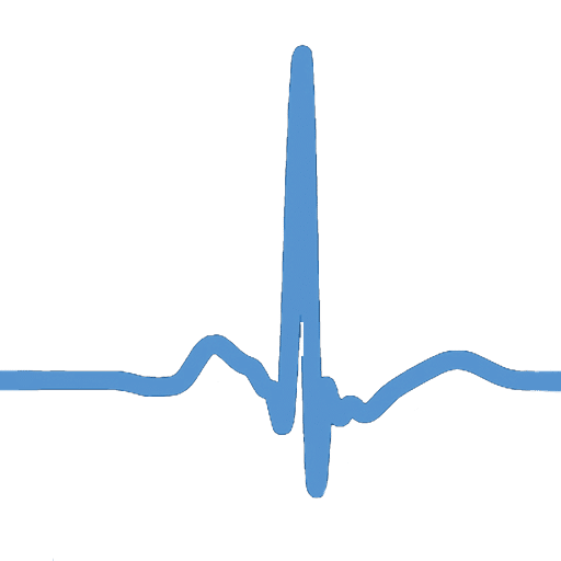 Blue electrocardiogram line on a white background shows a heartbeat pattern with a single peak.