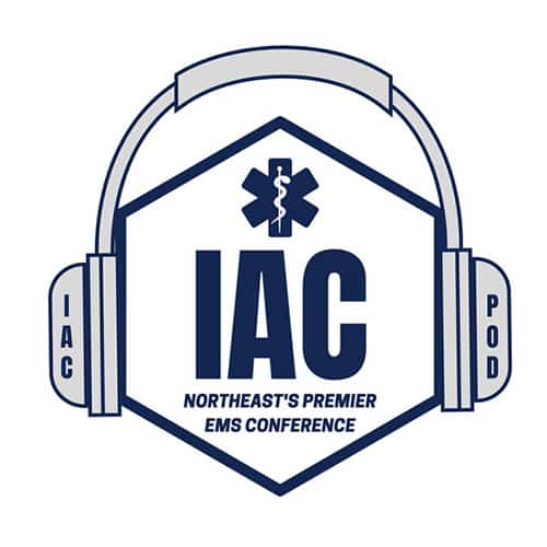 Logo for IAC Northeast's Premier EMS Conference featuring a hexagon, medical symbol, and headphones with "IAC" and "POD" written on the sides.