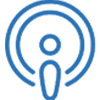 Blue podcast icon with concentric circles representing audio waves around a central figure on a white background.