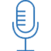 Blue microphone icon with vertical lines representing sound waves.