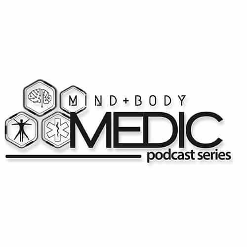 Logo for the Mind + Body Medic podcast series, featuring icons of a brain, body, and medical symbol.